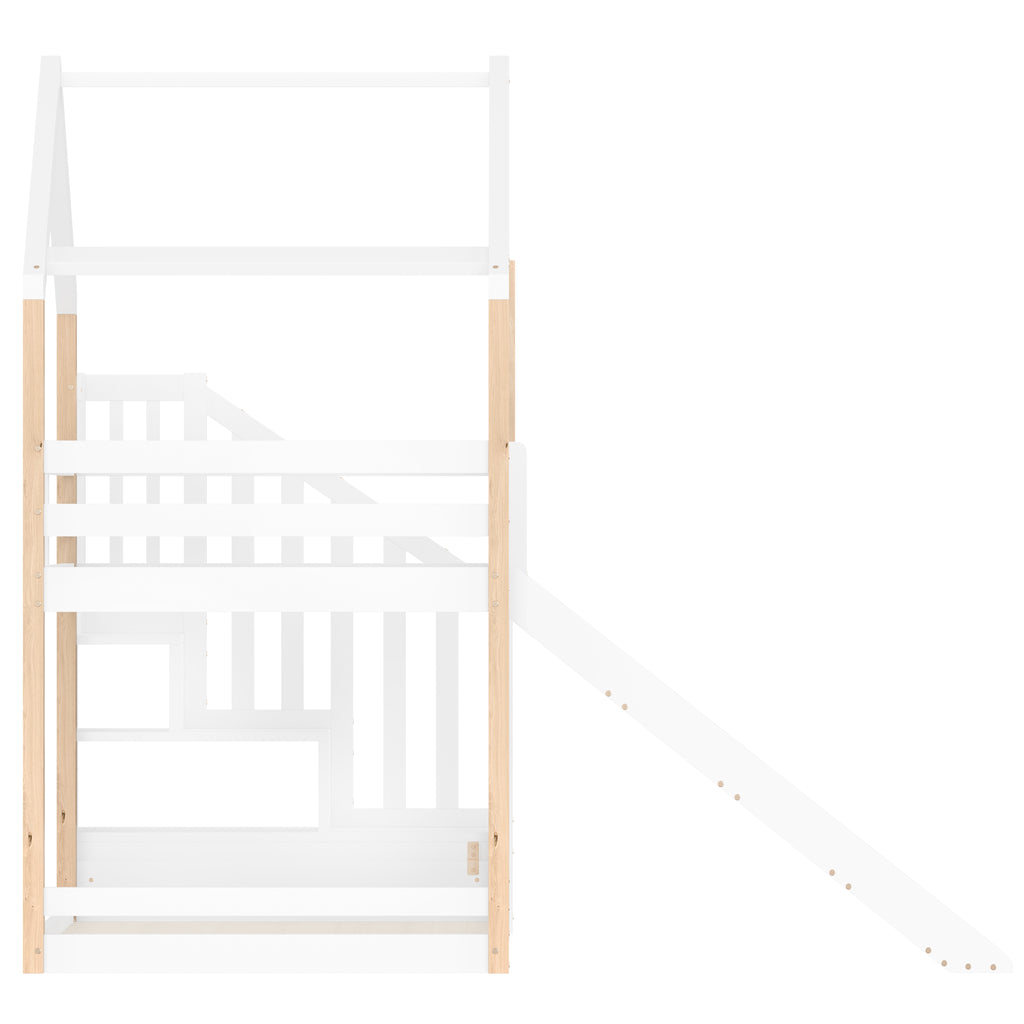White Wooden Bunk Bed with Slide and Storage Stairs — detail 24