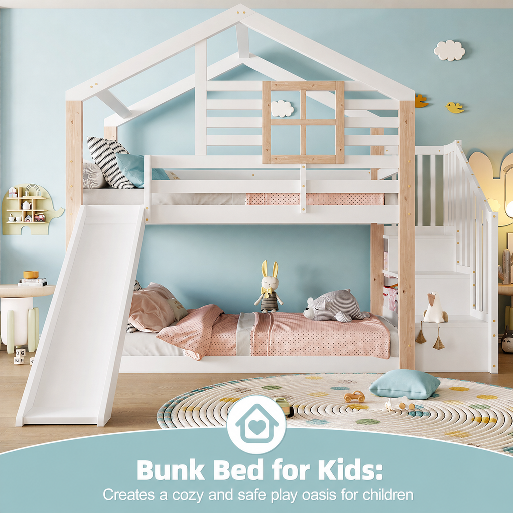 White Wooden Bunk Bed with Slide and Storage Stairs — detail 6