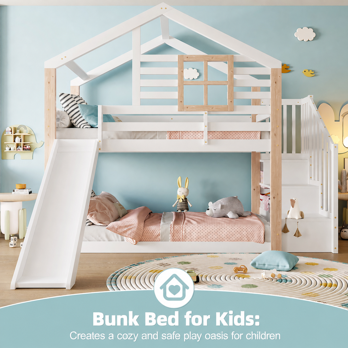 White Wooden Bunk Bed with Slide and Storage Stairs — detail 6