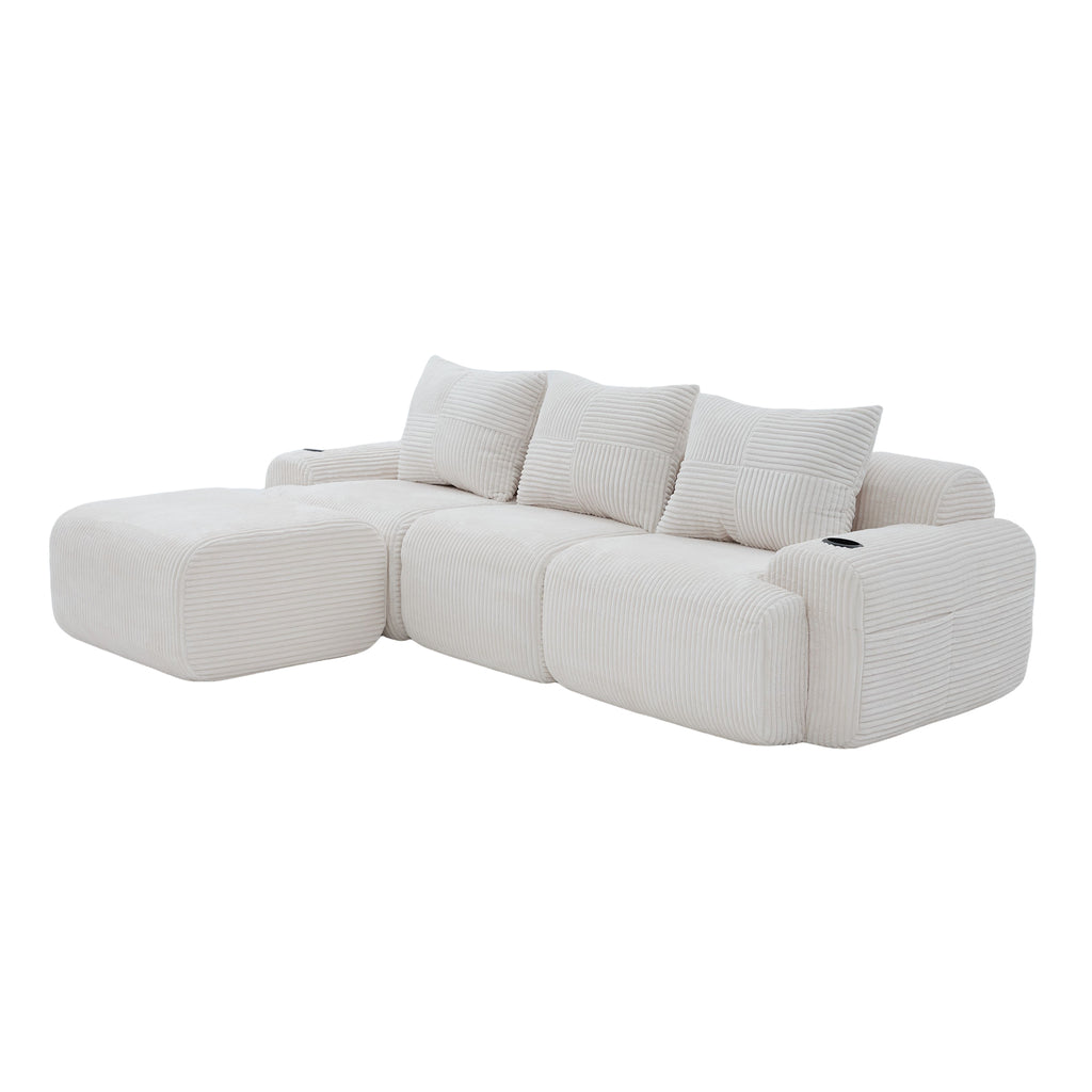 Beige Corduroy 3-Seater Modular Sofa with Ottoman — detail 19