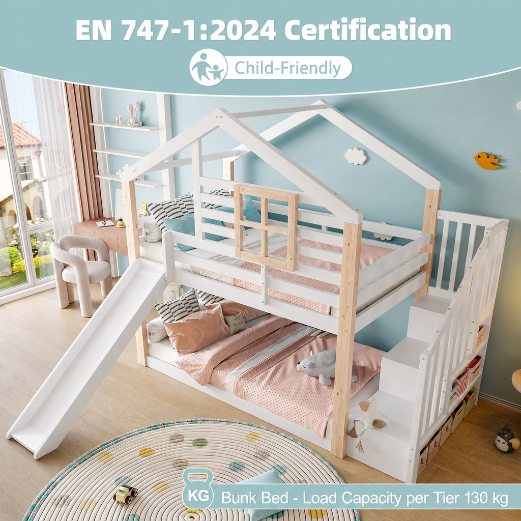 White Wooden Bunk Bed with Slide and Storage Stairs — detail 7