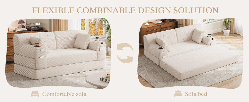 Beige Corduroy 2-Seater Sofa Bed — detail 19