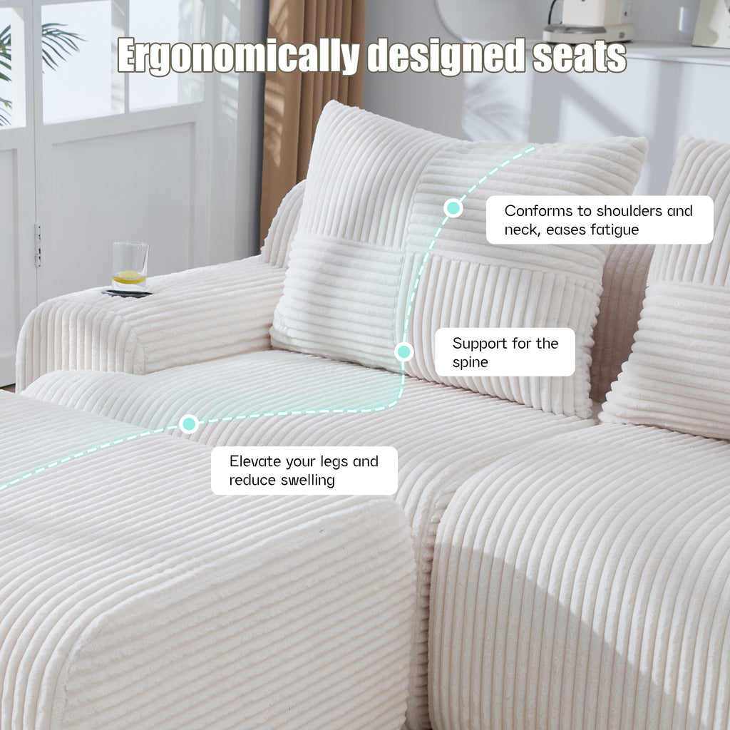 Beige Corduroy 3-Seater Modular Sofa with Ottoman — detail 3