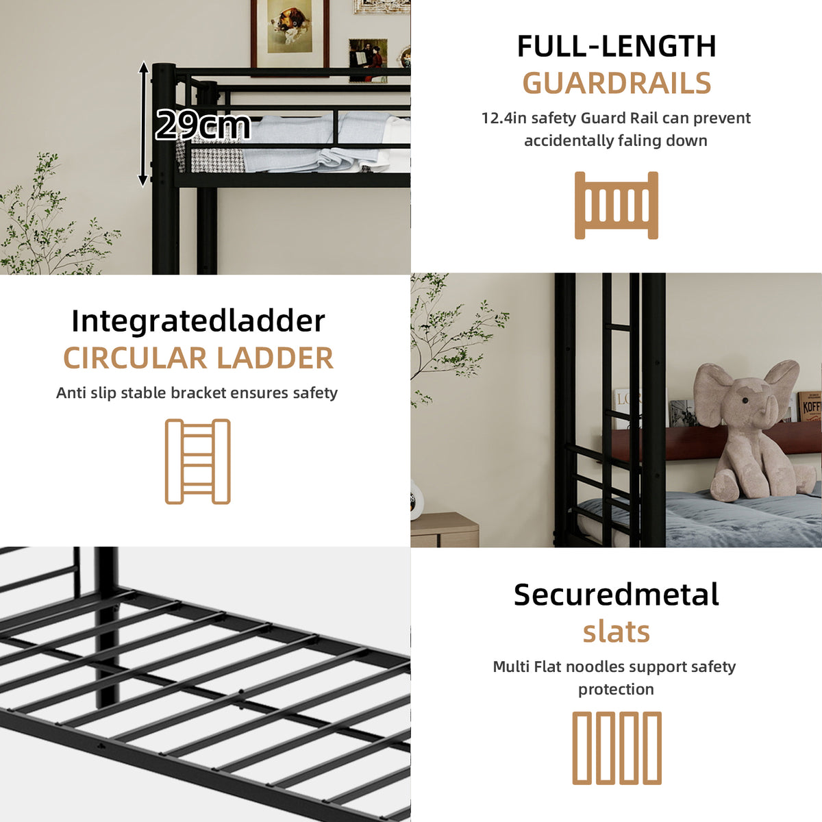 Black Metal Bunk Bed with Pull-Out Trundle – 90 × 190 cm — detail 7