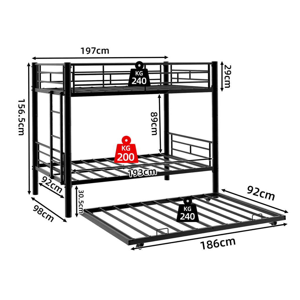 Black Metal Bunk Bed with Pull-Out Trundle – 90 × 190 cm — detail 12