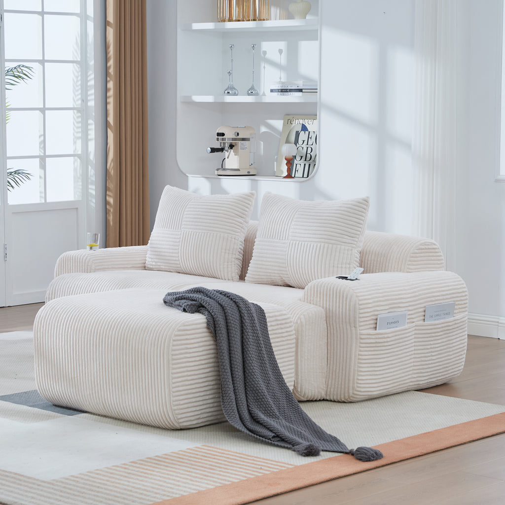 Beige Corduroy 2-Seater Modular Sofa with Ottoman — detail 8