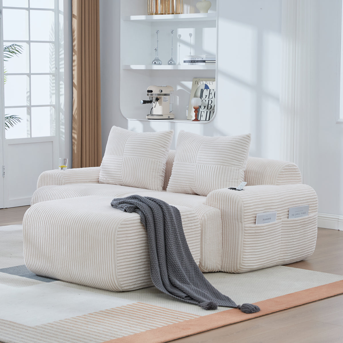 Beige Corduroy 2-Seater Modular Sofa with Ottoman — detail 8
