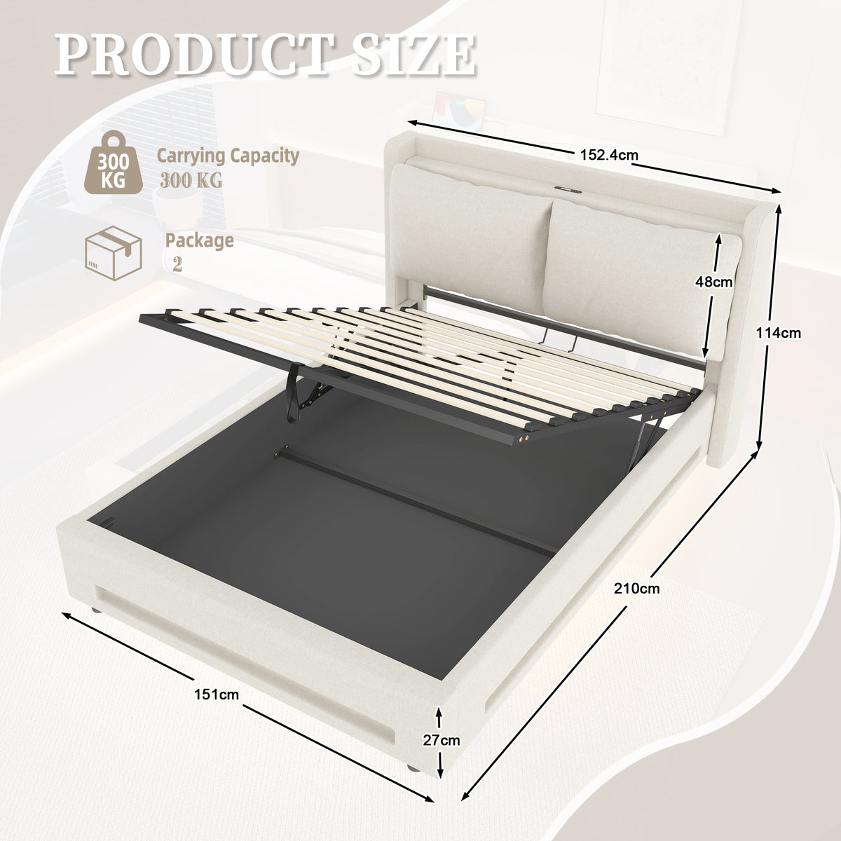 Beige Linen Storage Bed Frame – 150 × 200 cm — detail 2