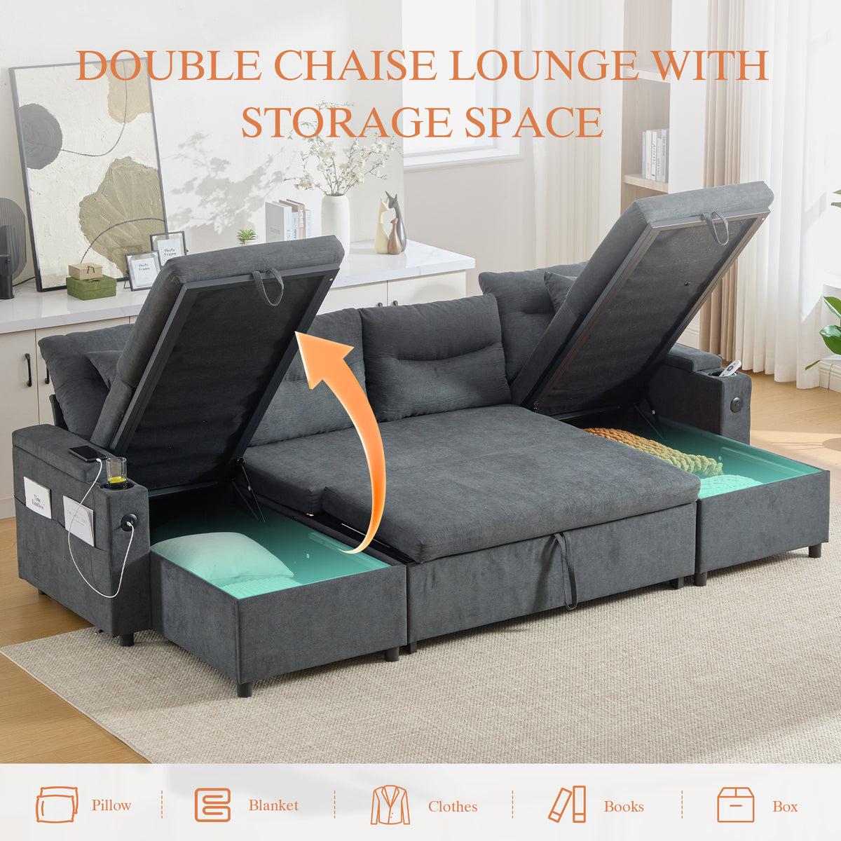 Dark Grey Oversized Chenille Chaise Lounge with Pillows — detail 5
