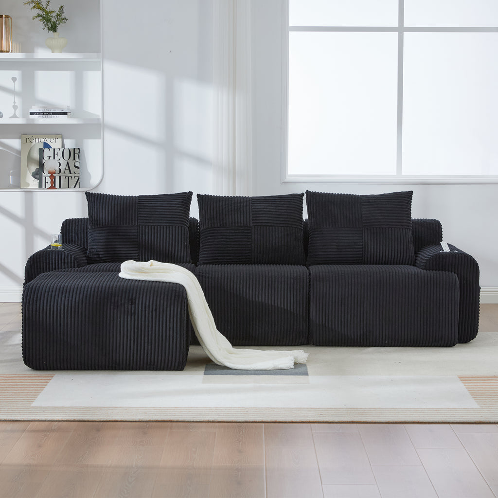 Black Corduroy 3-Seater Modular Sofa with Ottoman — detail 4