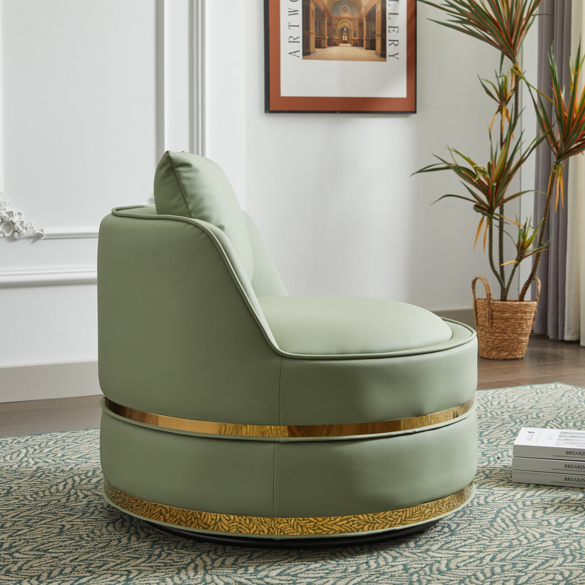 Green Faux Leather 360° Swivel Barrel Chair — detail 4