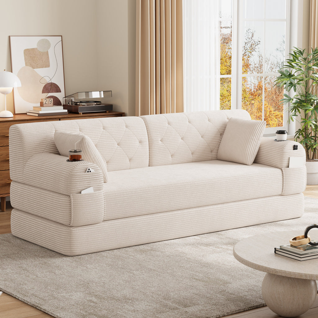 Beige Corduroy 3-Seater Sofa Bed — detail 8