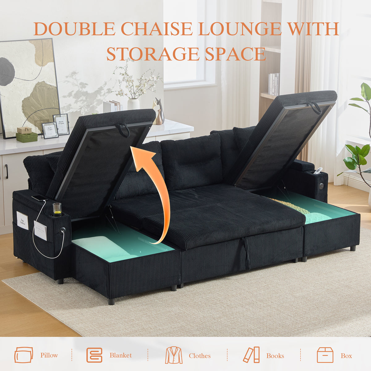 Black Oversized Chenille Chaise Lounge with Pillows — detail 5