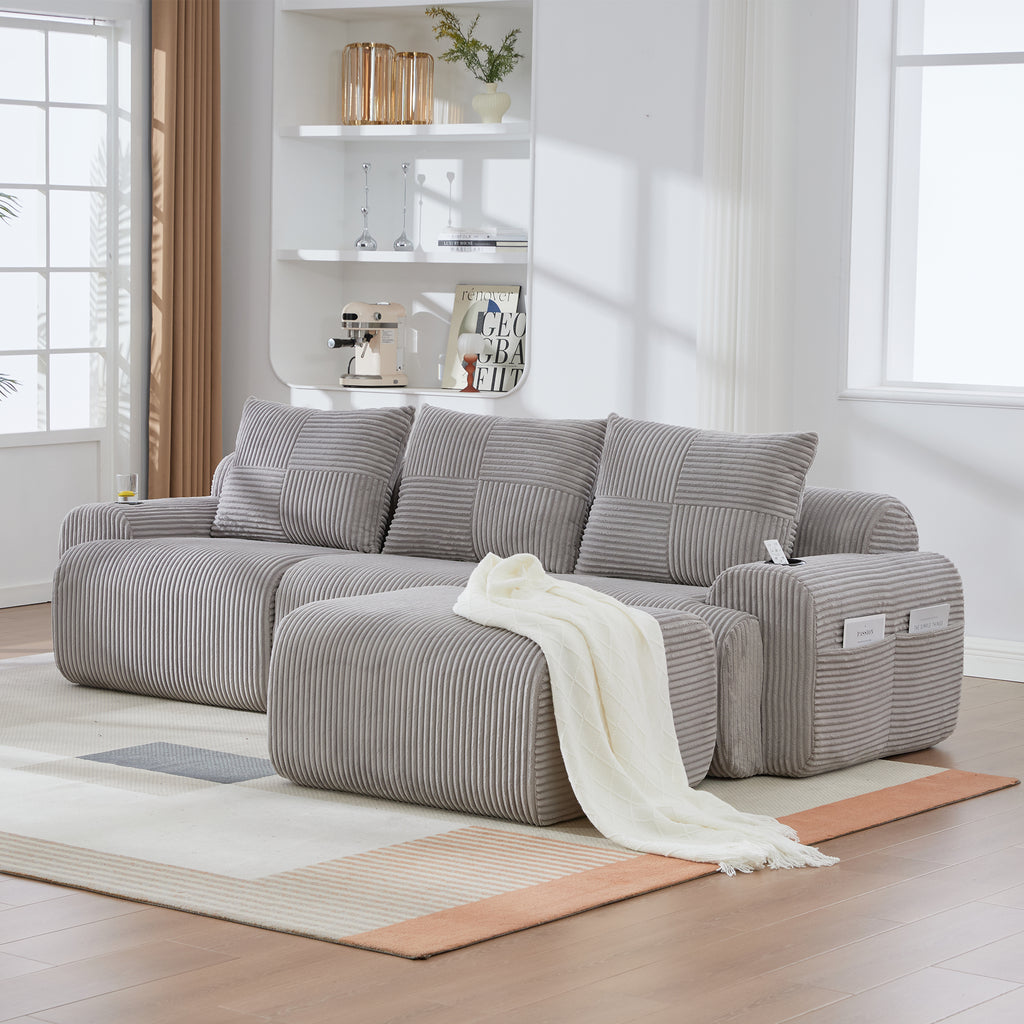 Light Grey Corduroy 3-Seater Modular Sofa with Ottoman — detail 13
