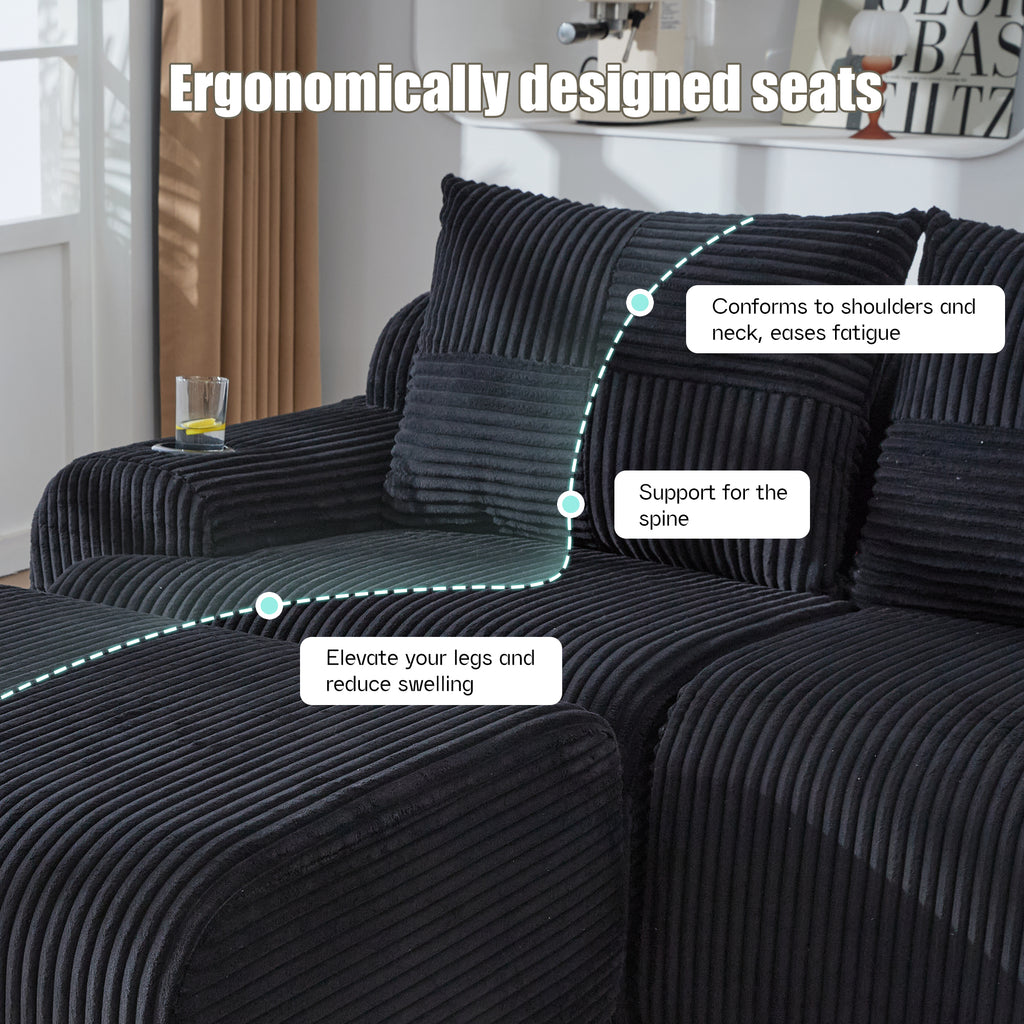Black Corduroy 2-Seater Modular Sofa with Ottoman — detail 3