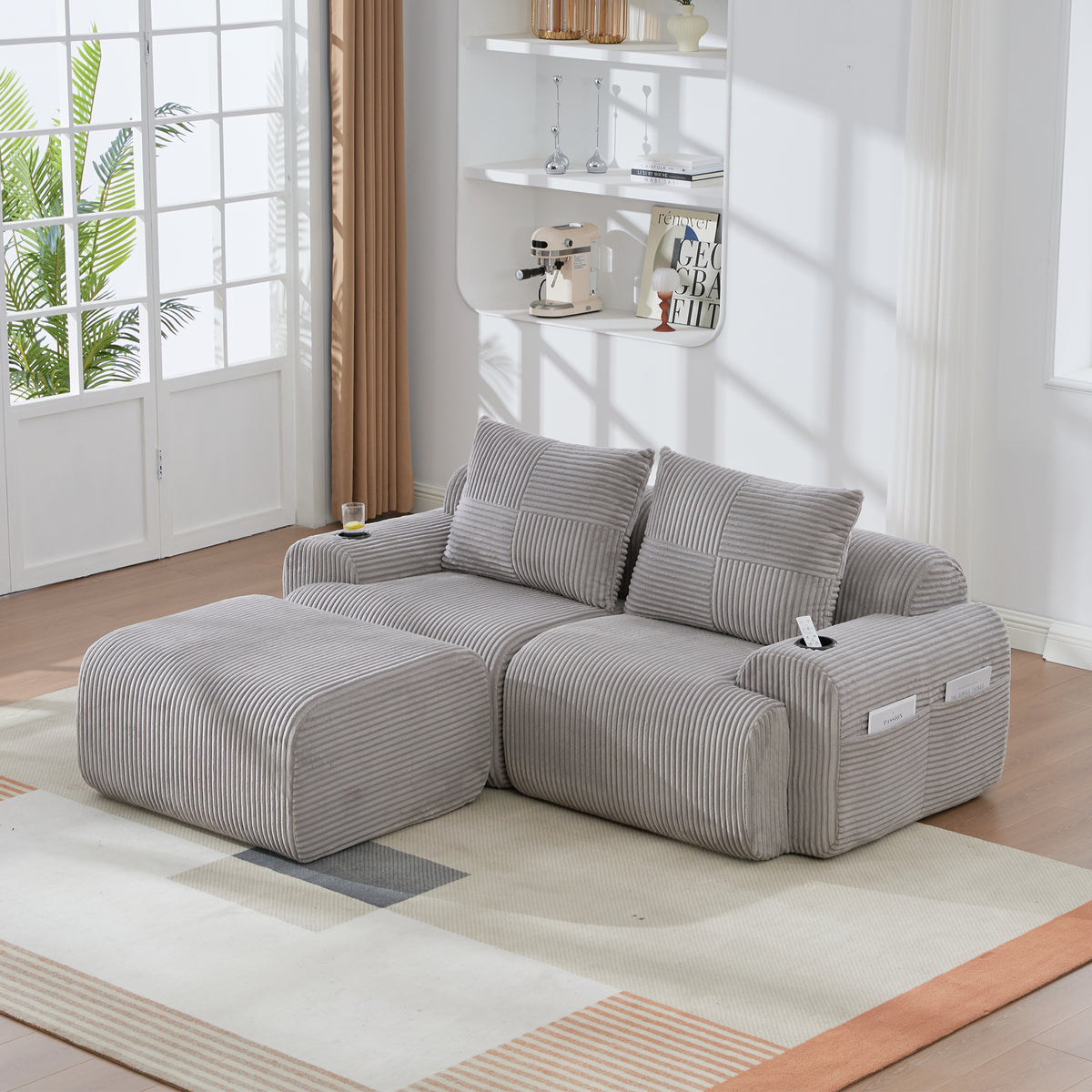 Light Grey Corduroy 2-Seater Modular Sofa with Ottoman — detail 13