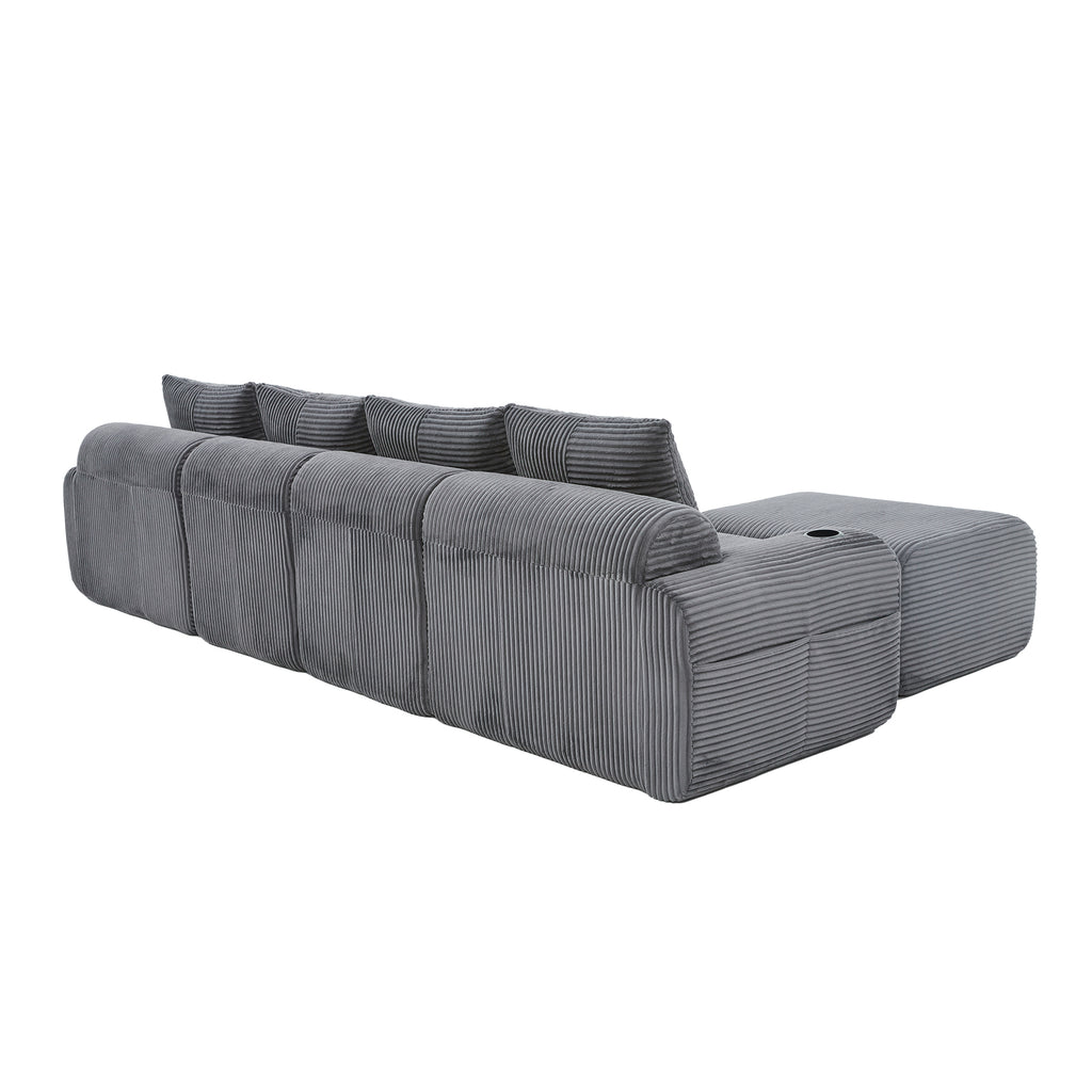 Dark Grey Corduroy 4-Seater Modular Sofa with Two Ottomans — detail 24