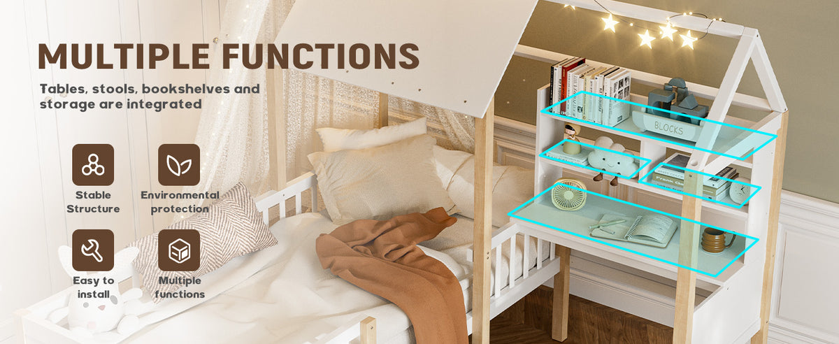 White Wooden House Bed with Desk and Storage – 90 × 190 cm — detail 16