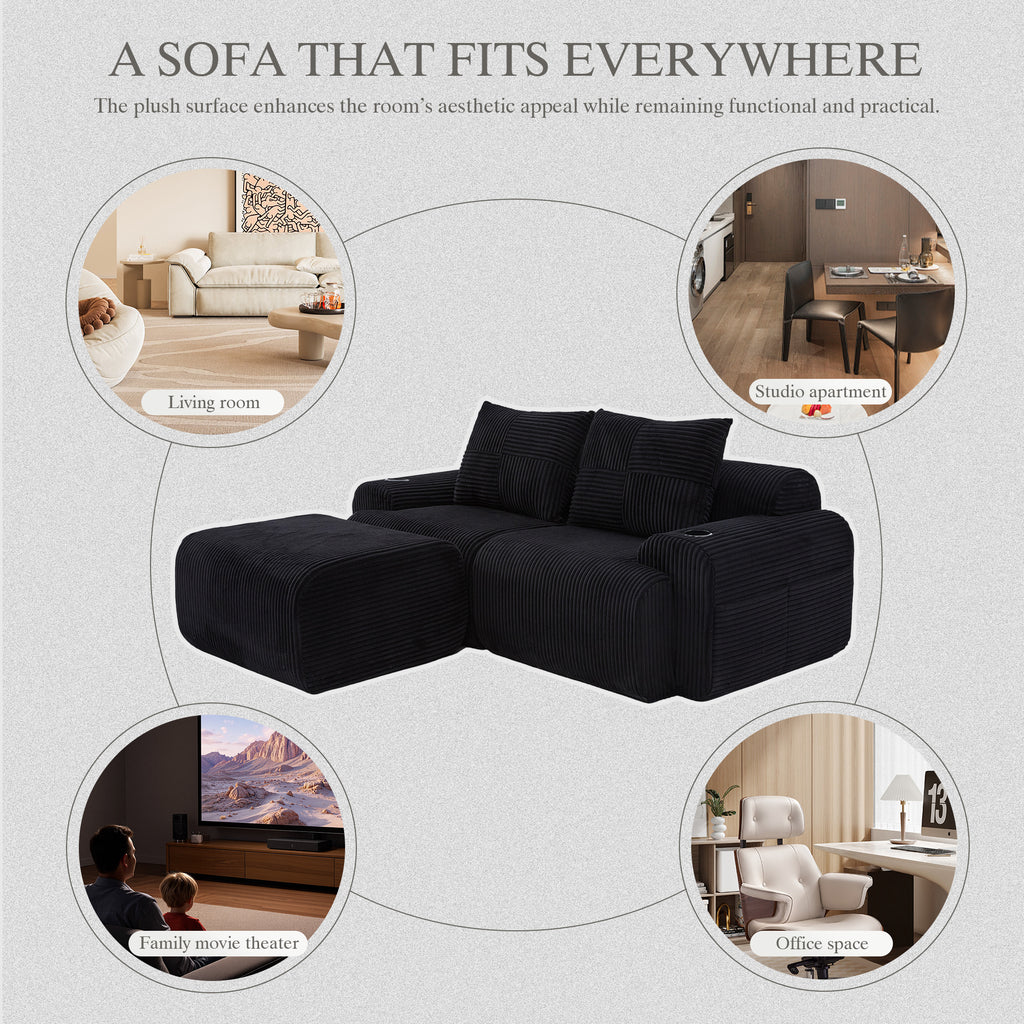Black Corduroy 2-Seater Modular Sofa with Ottoman — detail 7