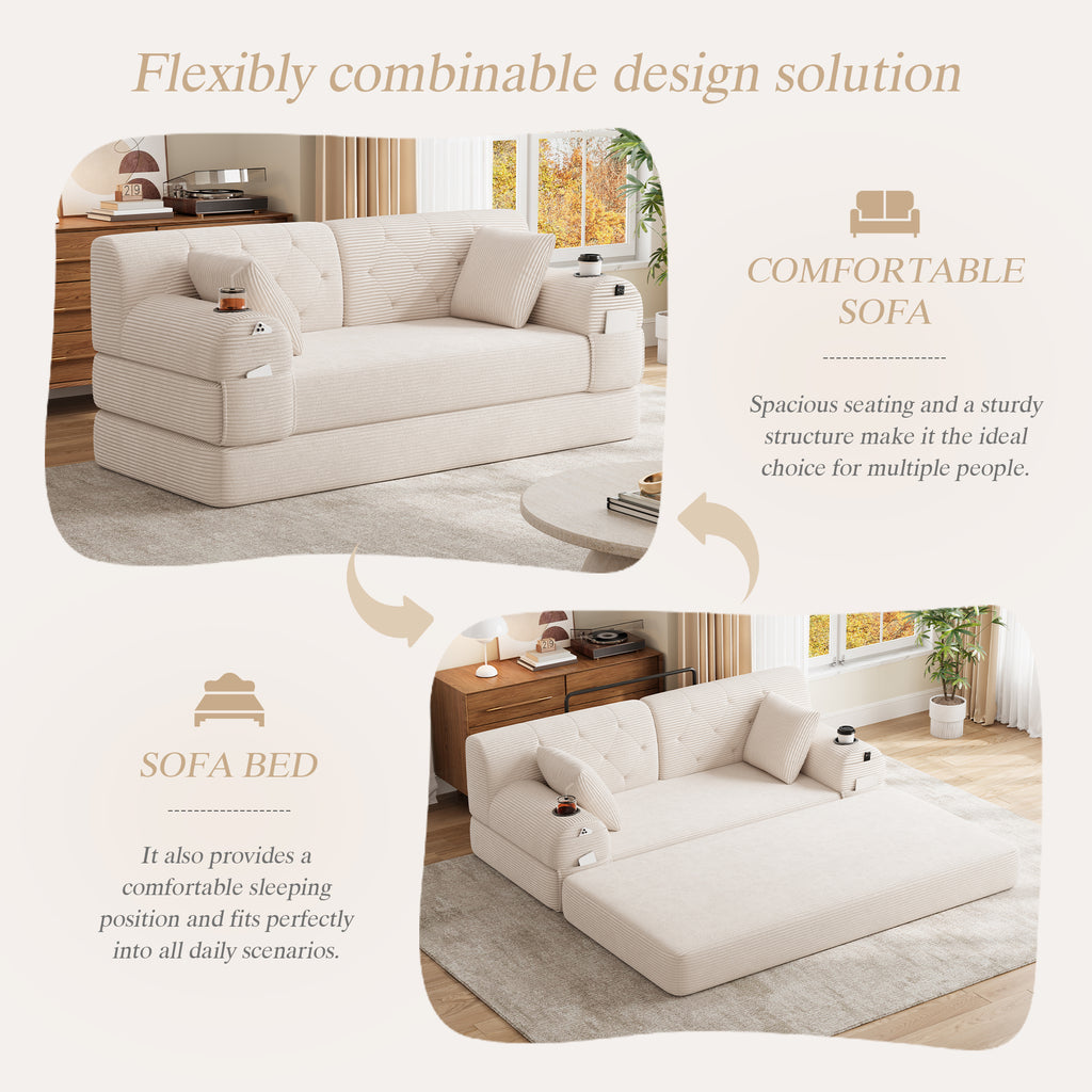 Beige Corduroy 2-Seater Sofa Bed — detail 3