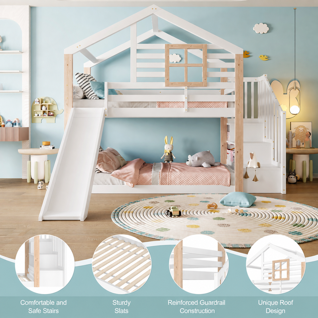White Wooden Bunk Bed with Slide and Storage Stairs — detail 3