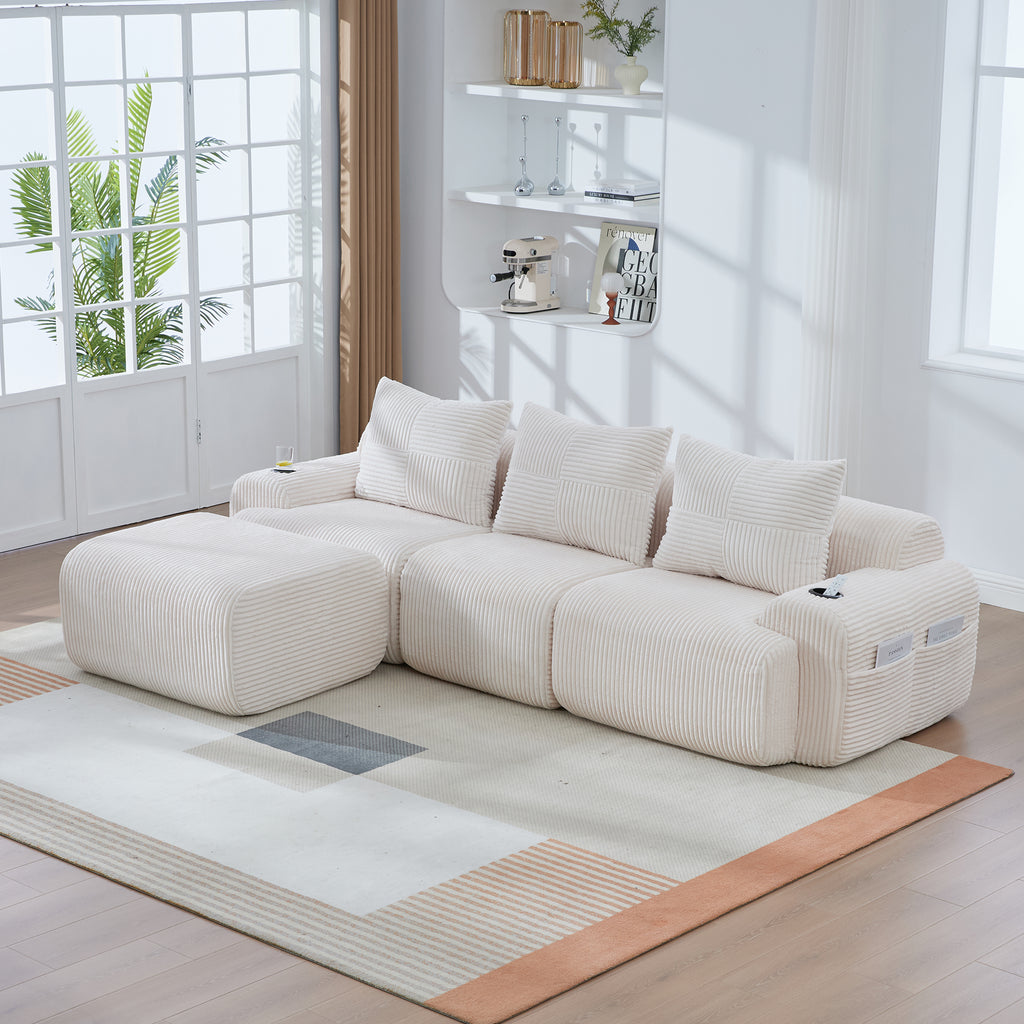 Beige Corduroy 3-Seater Modular Sofa with Ottoman — detail 11