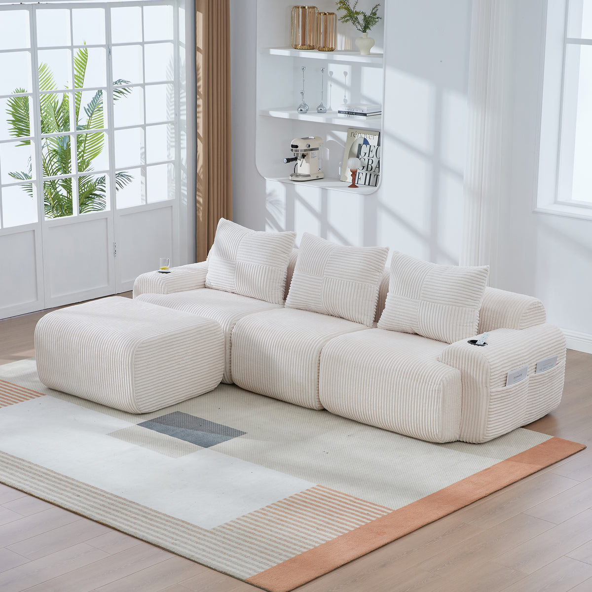 Beige Corduroy 3-Seater Modular Sofa with Ottoman — detail 11