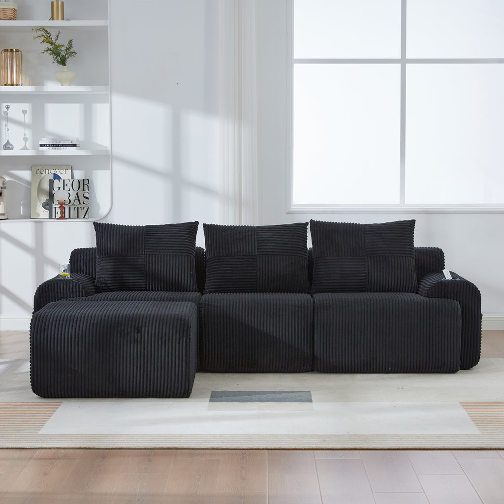 Black Corduroy 3-Seater Modular Sofa with Ottoman — detail 12