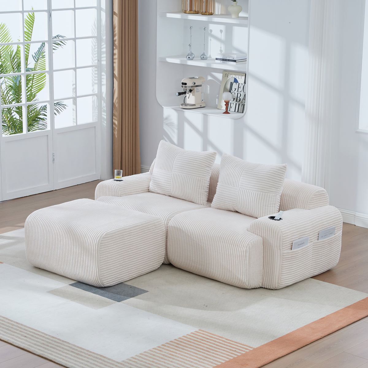 Beige Corduroy 2-Seater Modular Sofa with Ottoman — detail 15