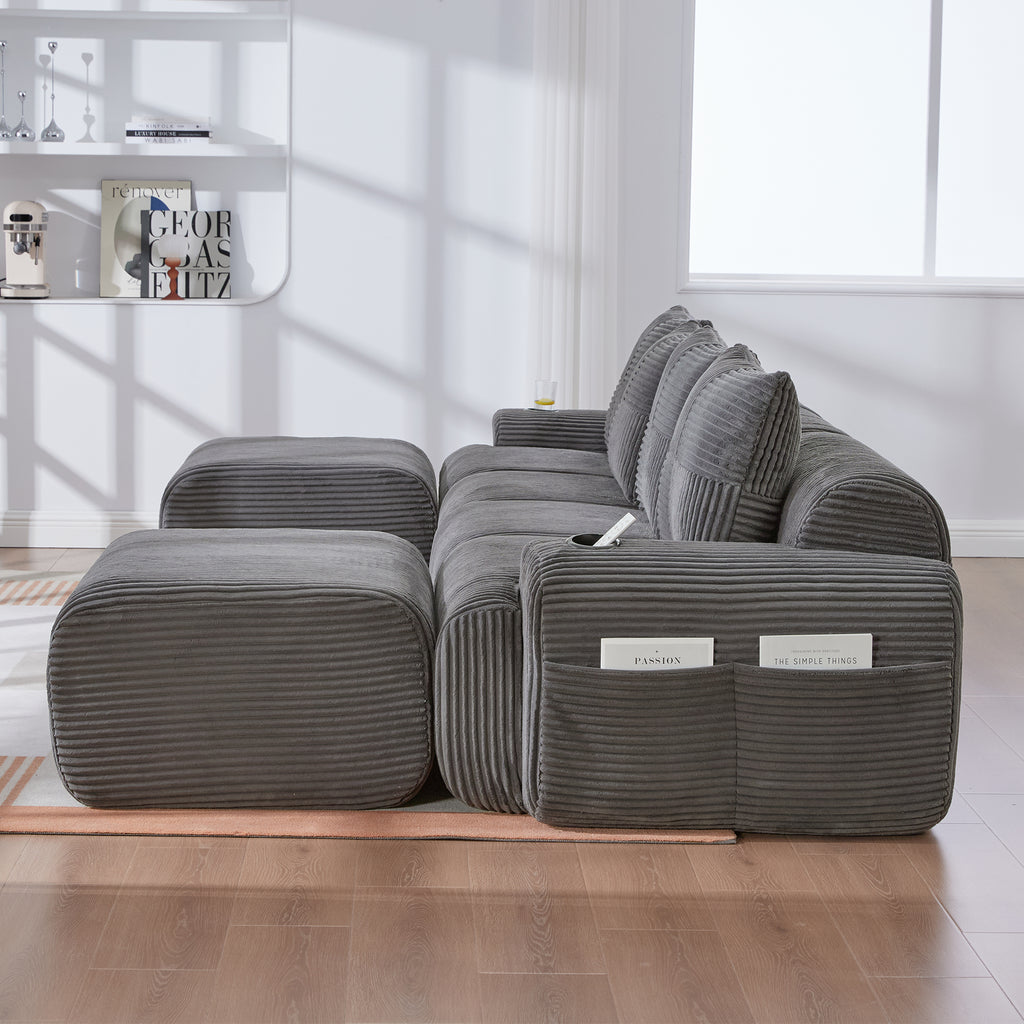 Dark Grey Corduroy 4-Seater Modular Sofa with Two Ottomans — detail 12