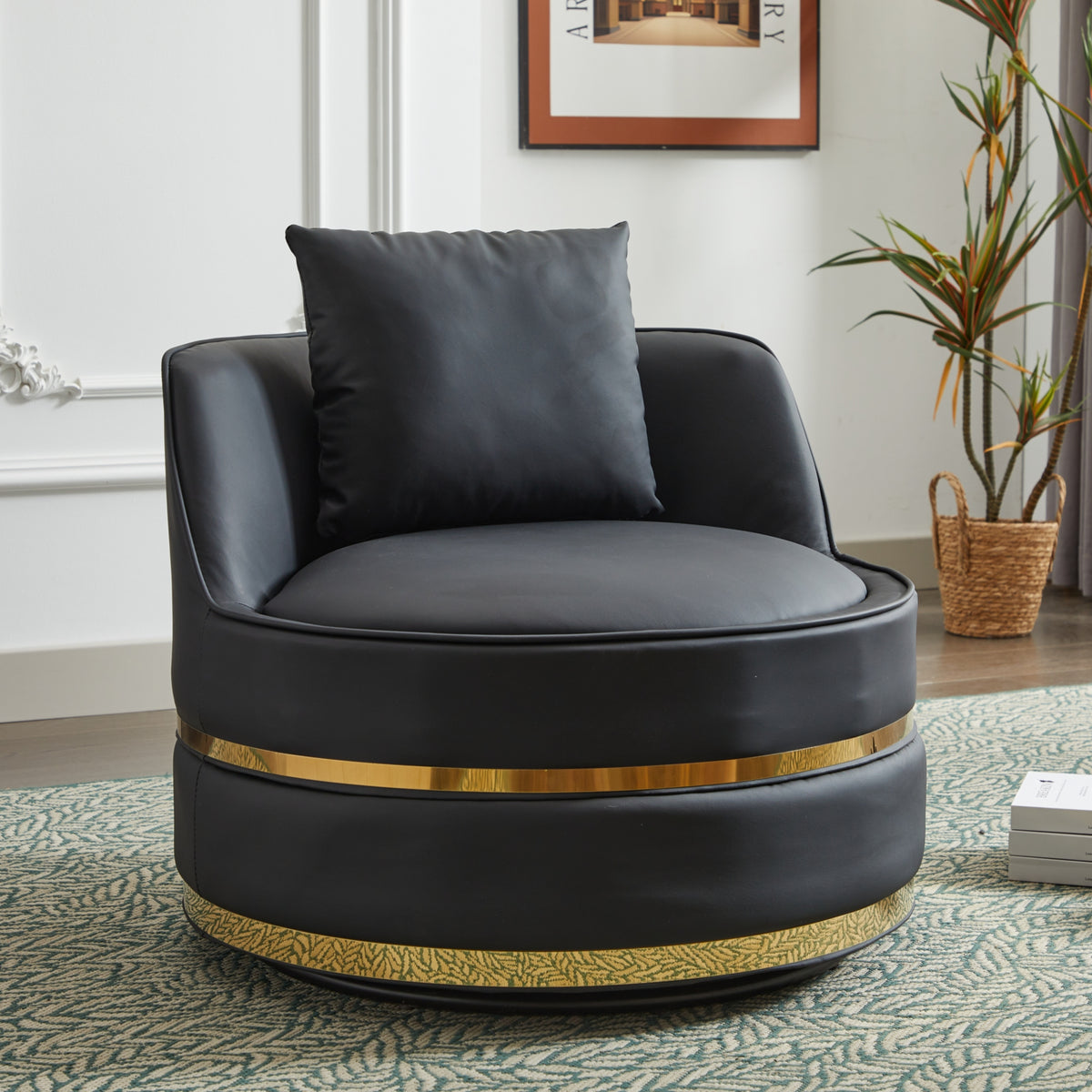Black Faux Leather 360° Swivel Barrel Chair — product view
