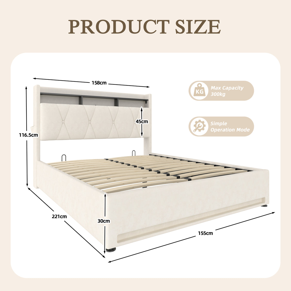 Beige Velvet Storage Bed Frame – 150 × 200 cm — detail 2
