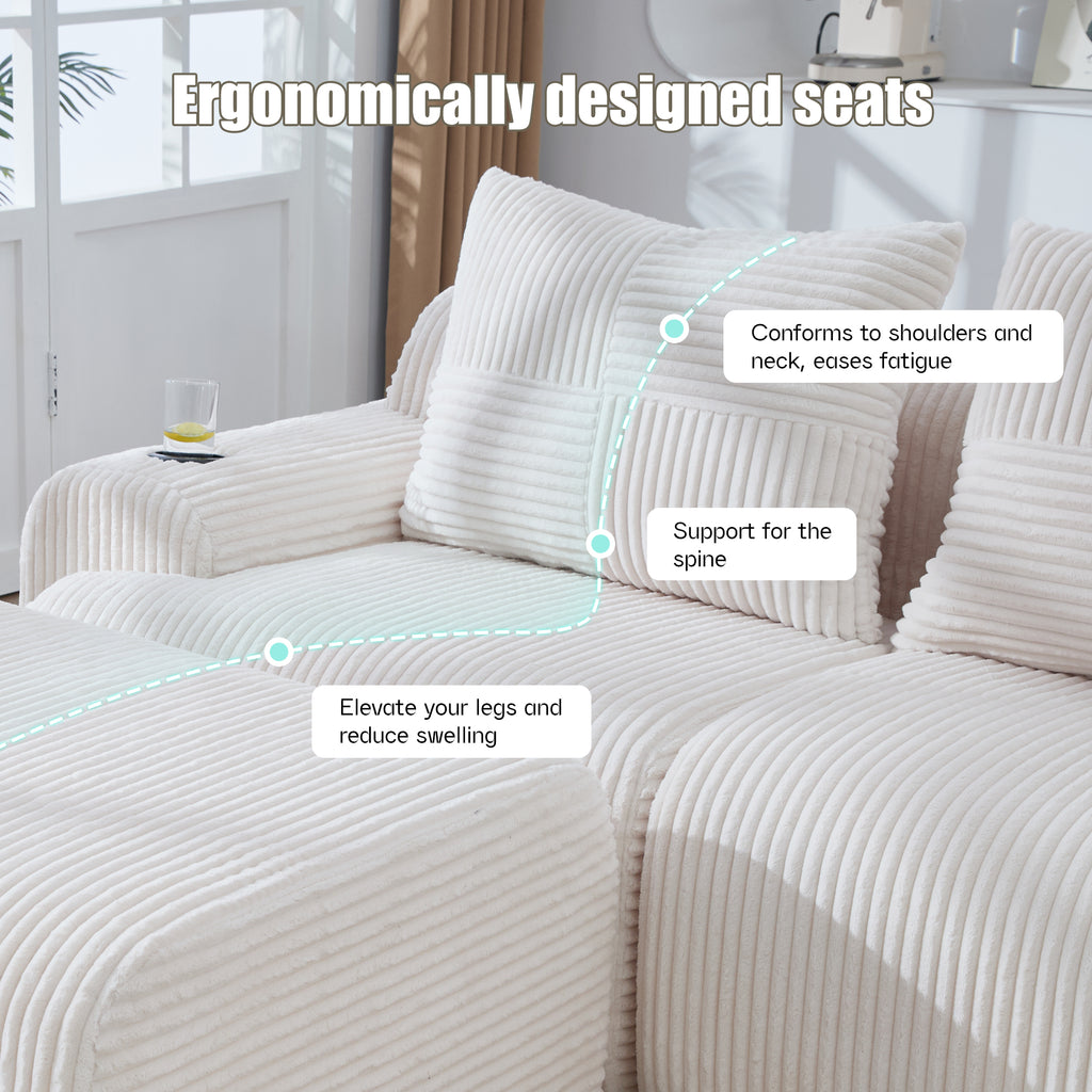 Beige Corduroy 2-Seater Modular Sofa with Ottoman — detail 3