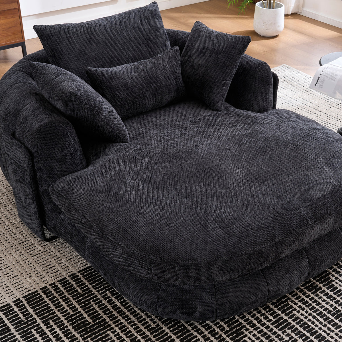 Black Oversized Chenille Chaise Lounge with Pillows — detail 5