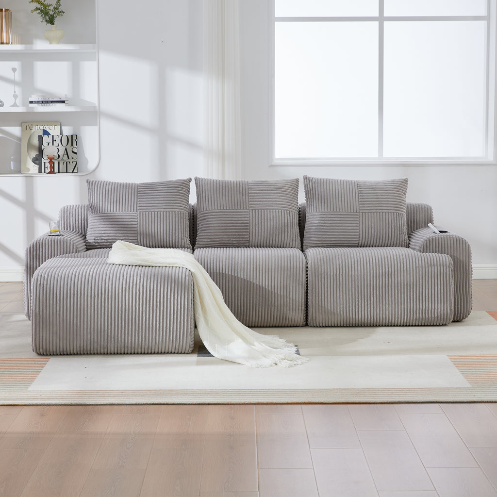 Light Grey Corduroy 3-Seater Modular Sofa with Ottoman — detail 4