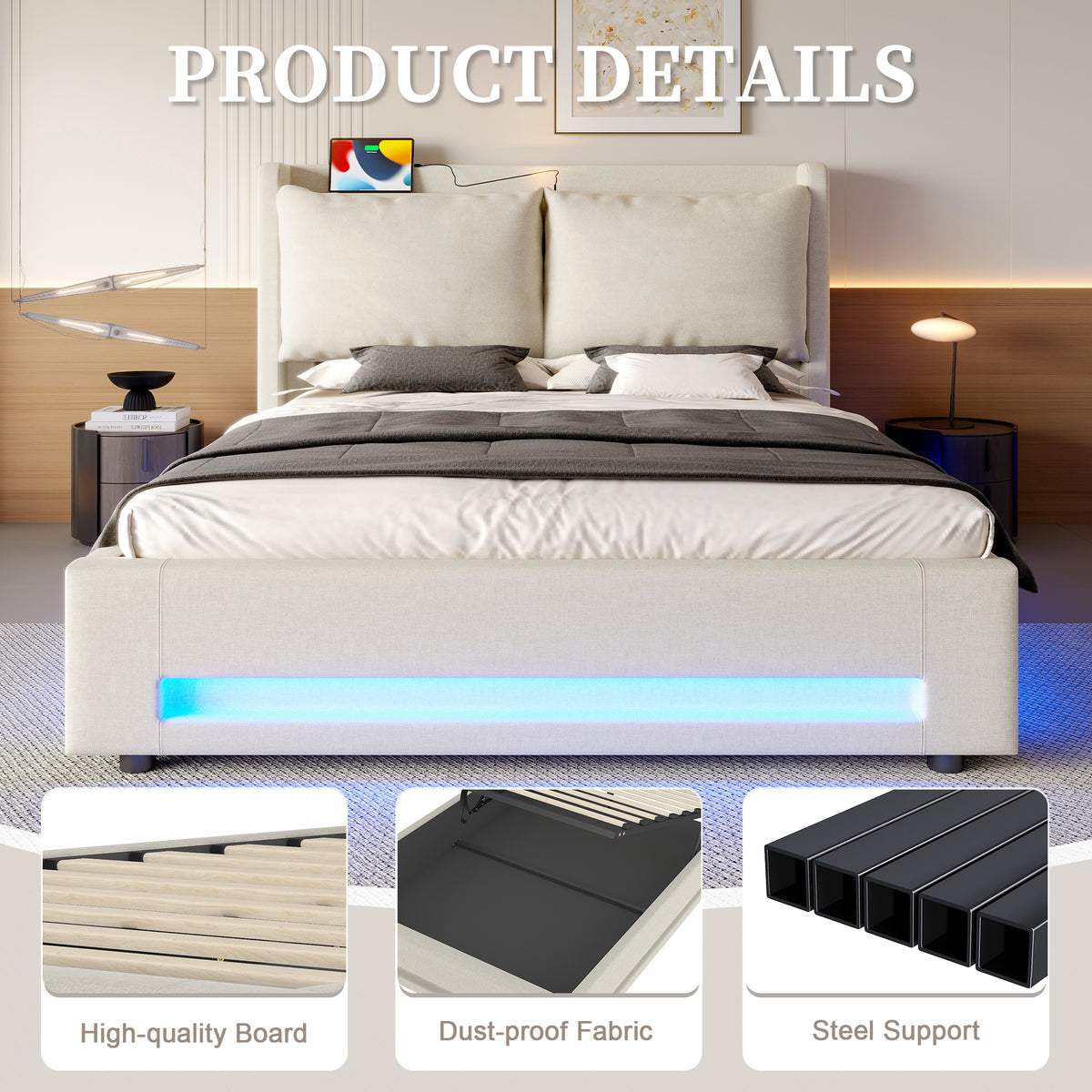 Beige Linen Storage Bed Frame – 150 × 200 cm — detail 5