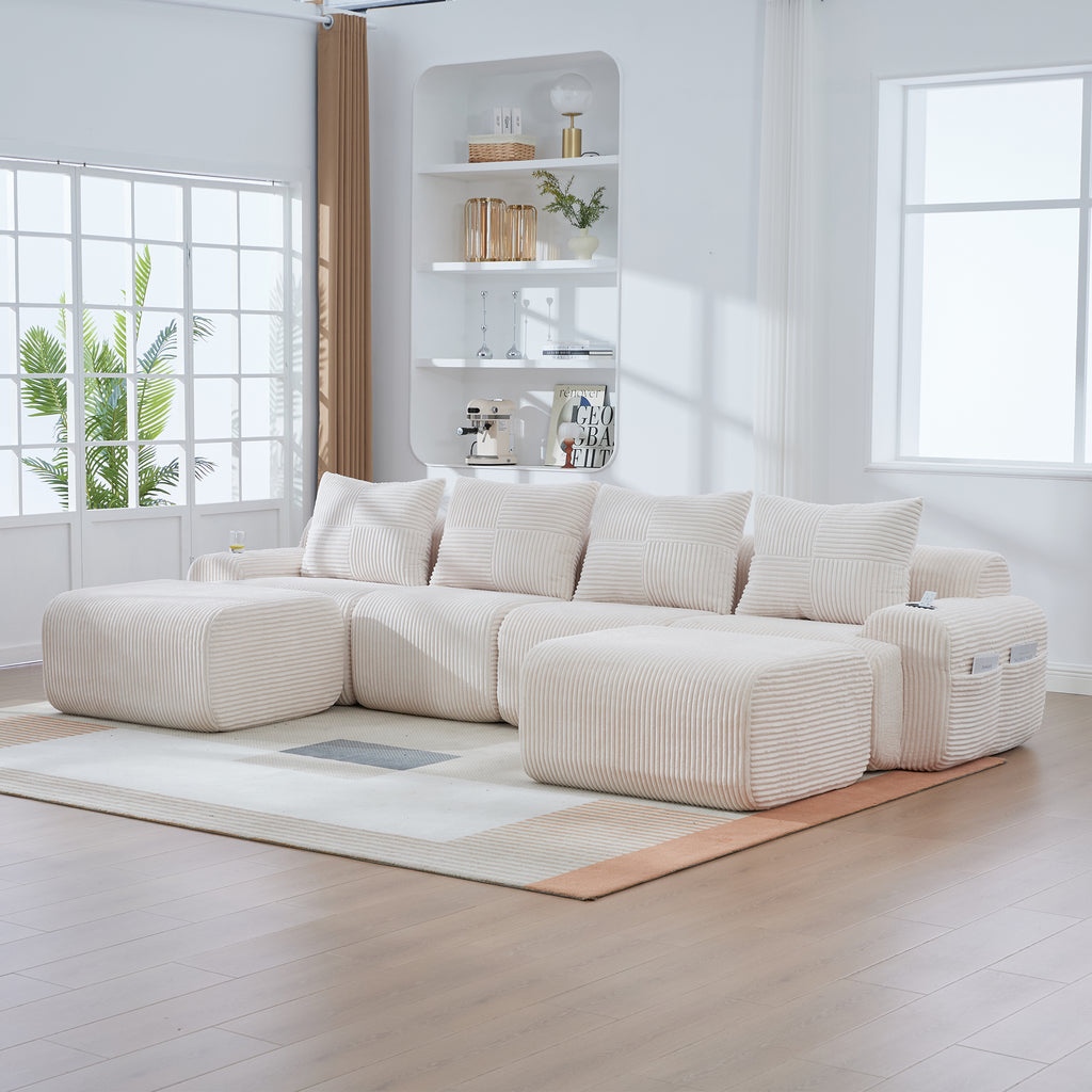 Beige Corduroy 4-Seater Modular Sofa with Two Ottomans — detail 11