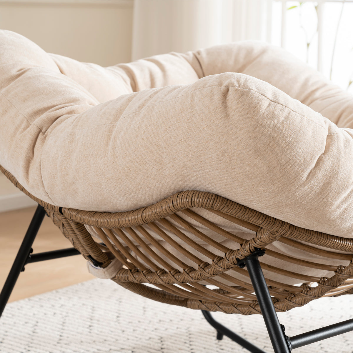 Beige Oversized Rattan Rocking Chair with Cushion — detail 3