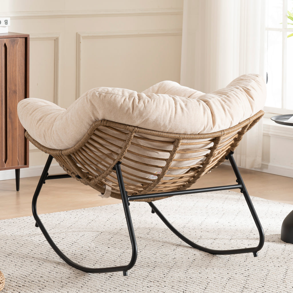Beige Oversized Rattan Rocking Chair with Cushion — detail 7