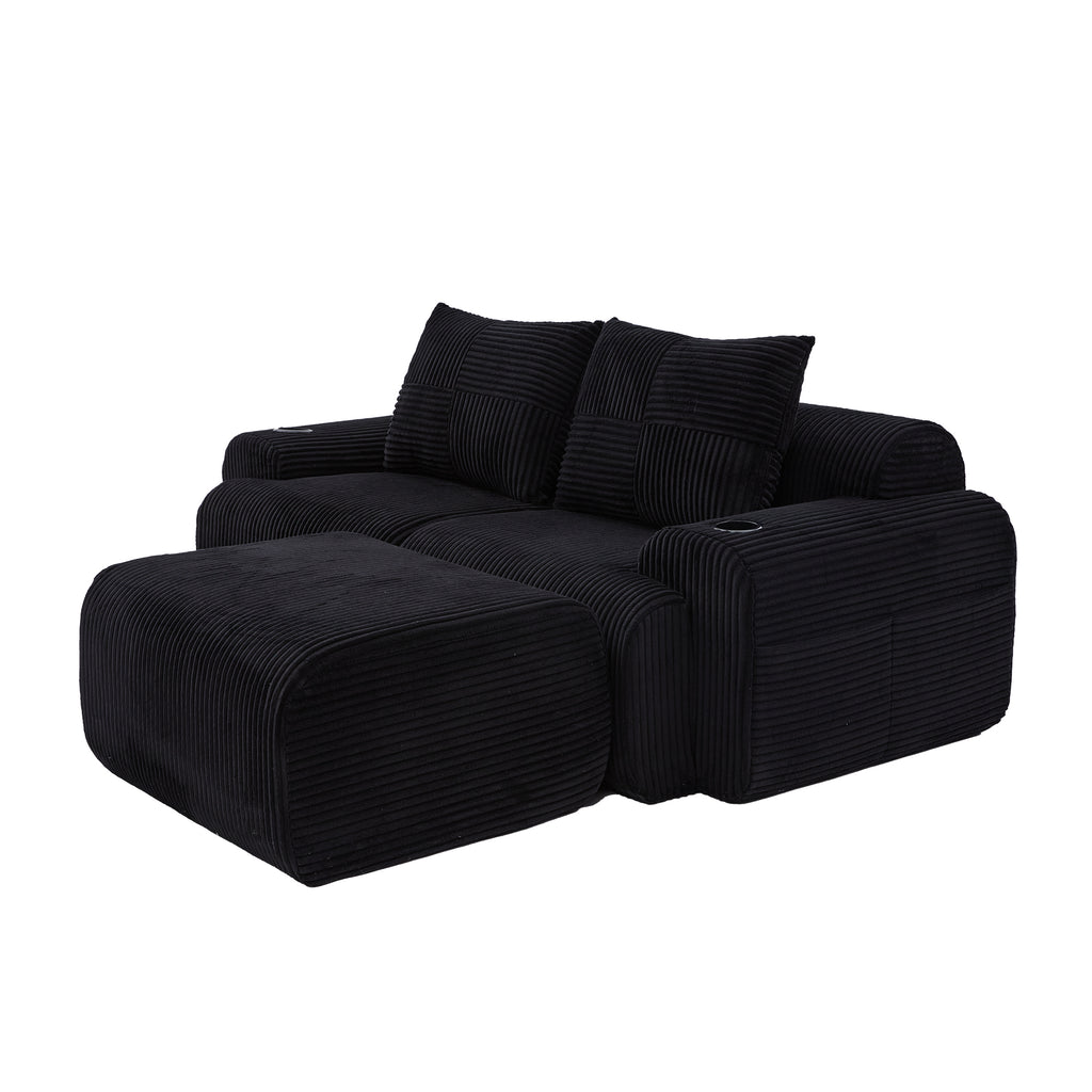 Black Corduroy 2-Seater Modular Sofa with Ottoman — detail 18