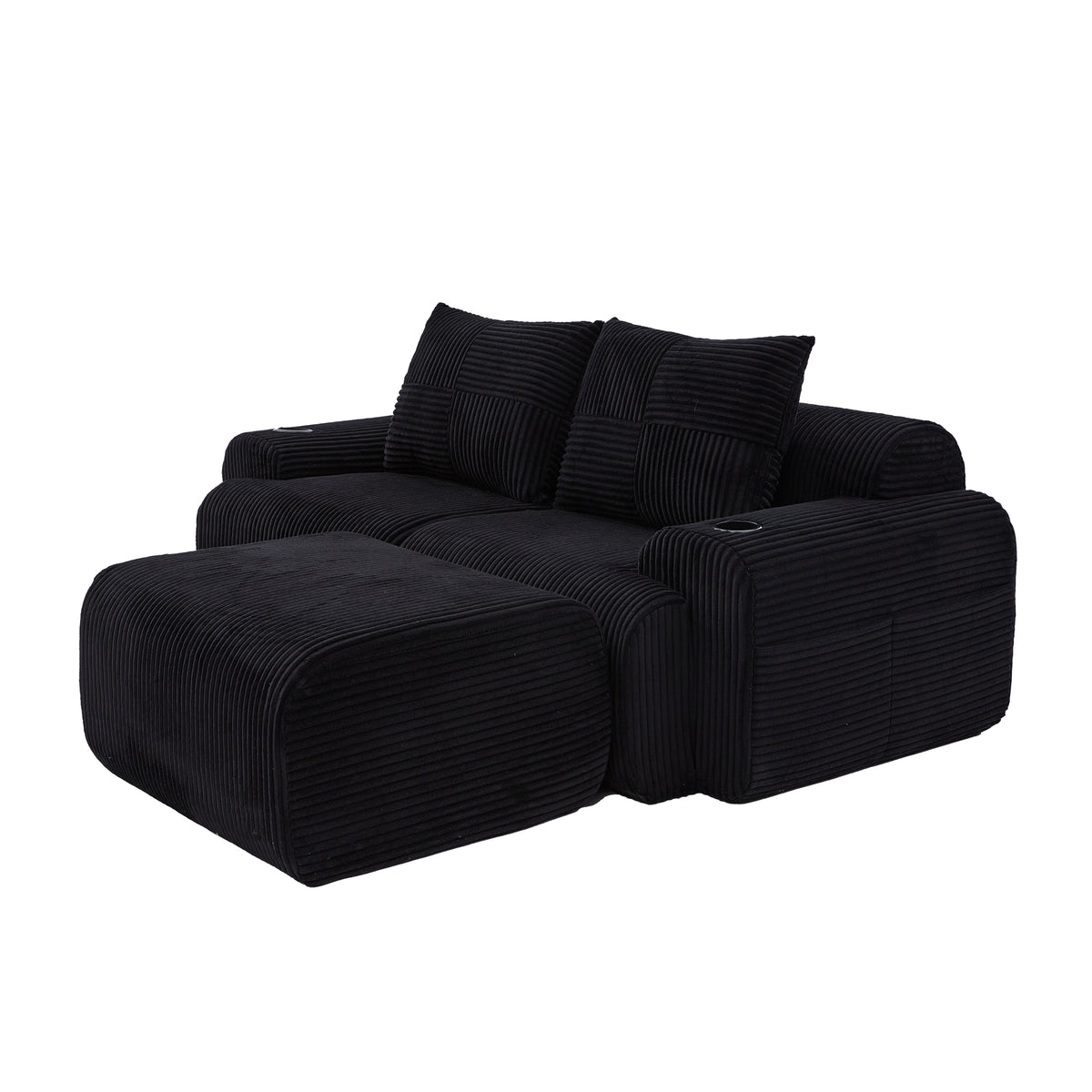 Black Corduroy 2-Seater Modular Sofa with Ottoman — detail 18