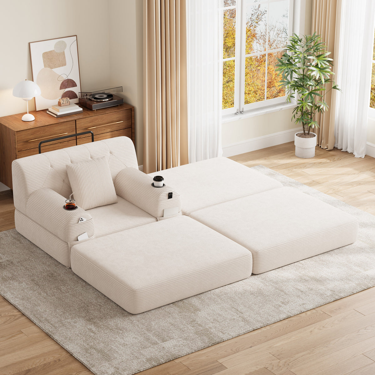 Beige Corduroy Sleeper Chair with Ottoman — product view