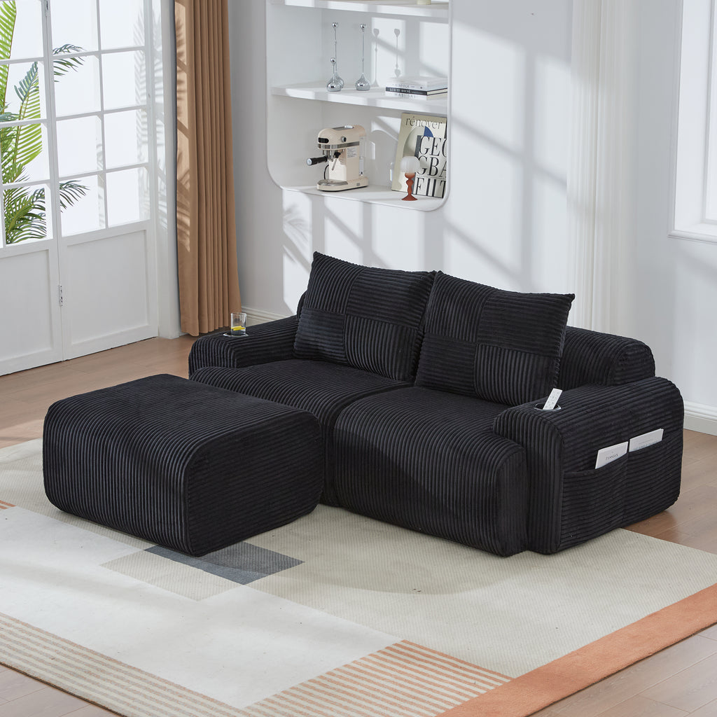 Black Corduroy 2-Seater Modular Sofa with Ottoman — detail 17