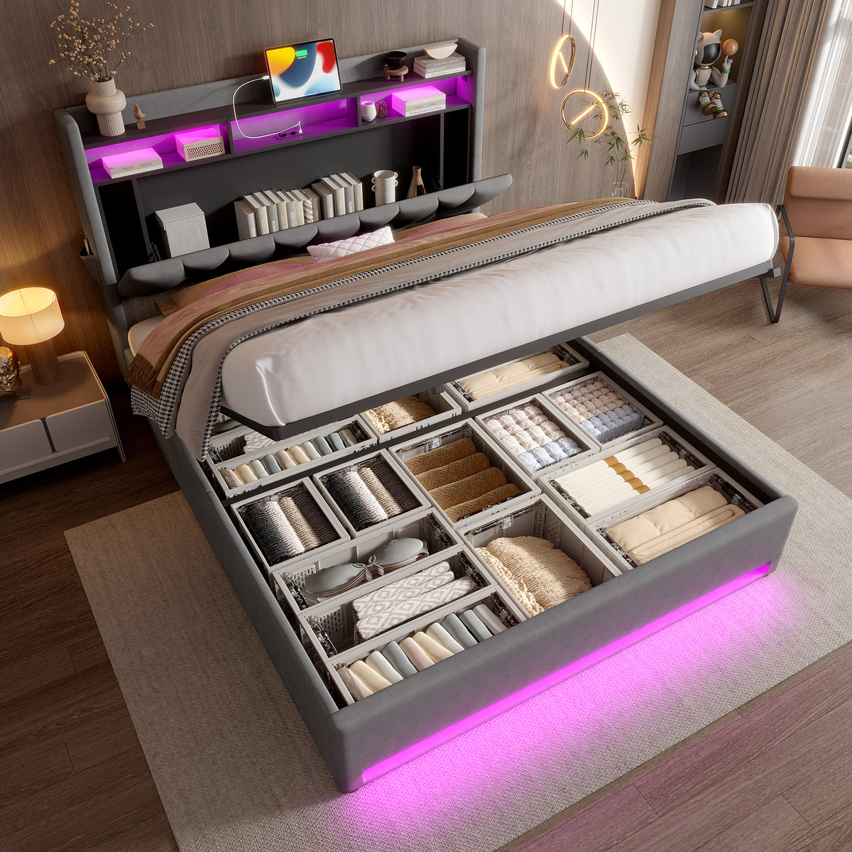 Dark Grey Velvet Storage Bed Frame – 135 × 190 cm — detail 7