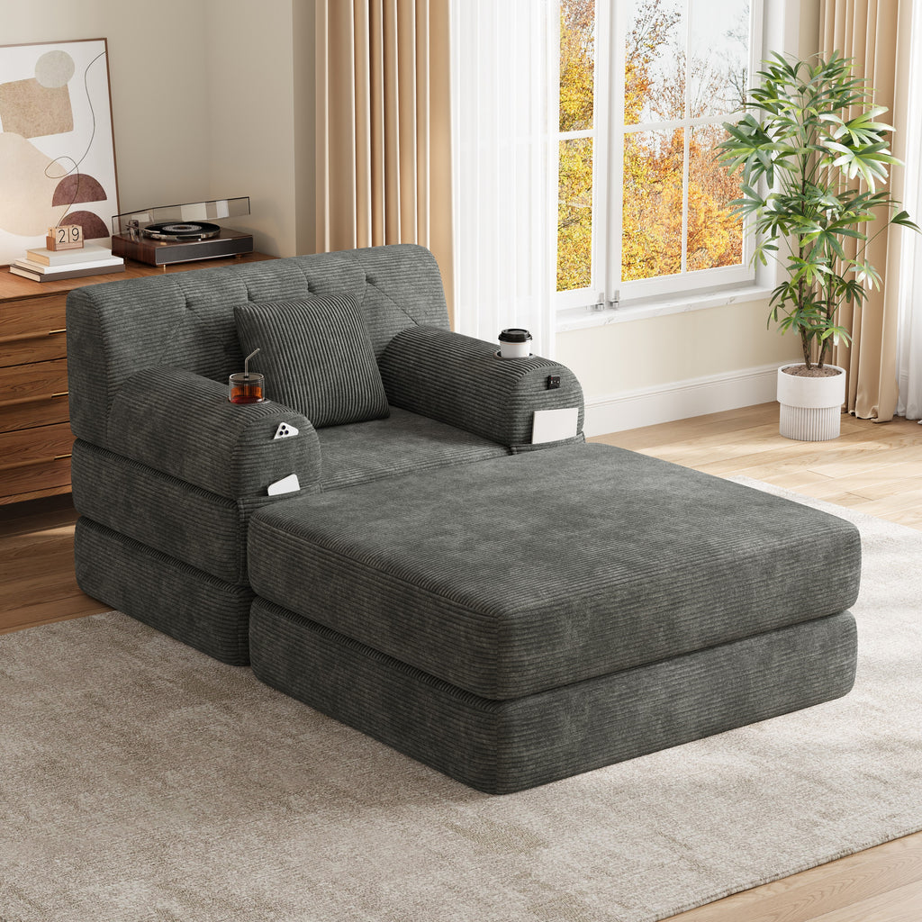 Dark Grey Corduroy Sleeper Chair with Ottoman — detail 4