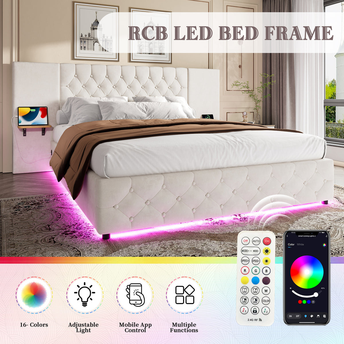 Beige Velvet Storage Bed Frame – 135 × 190 cm — detail 4