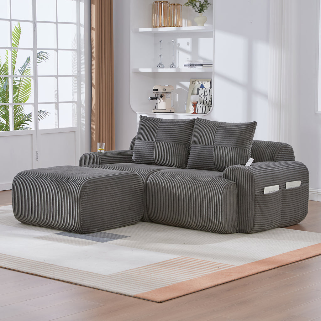 Dark Grey Corduroy 2-Seater Modular Sofa with Ottoman — detail 17