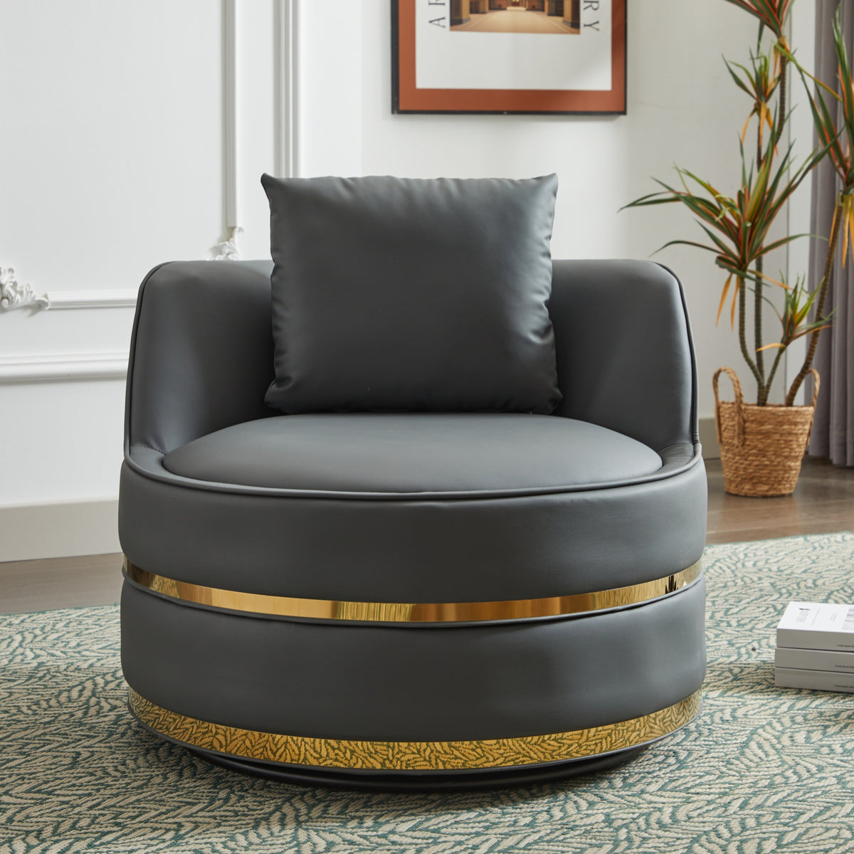 Grey Faux Leather 360° Swivel Barrel Chair — product view