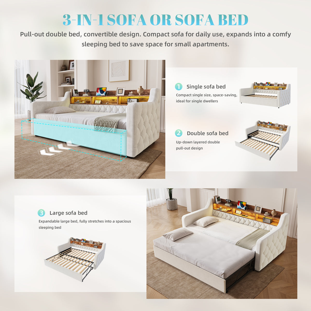 Beige Velvet Sofa Bed — detail 3