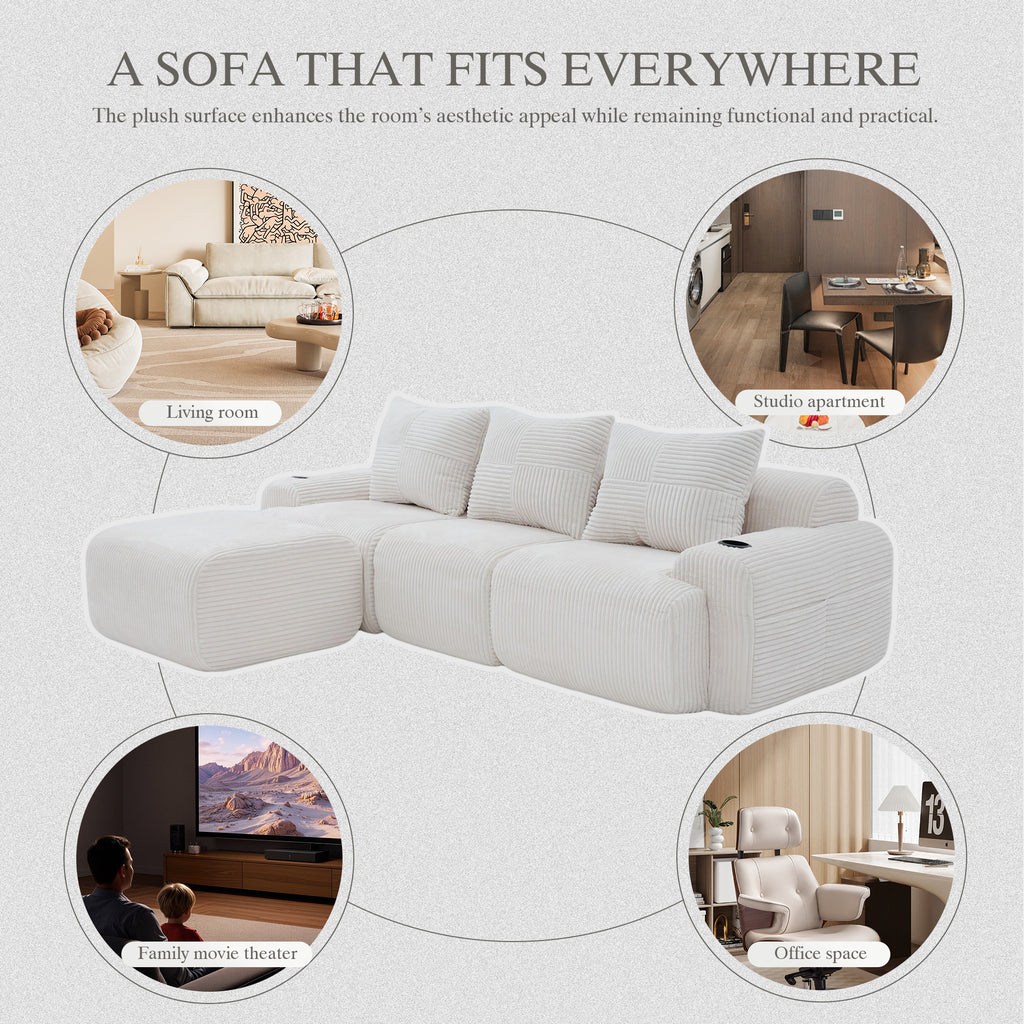 Beige Corduroy 3-Seater Modular Sofa with Ottoman — detail 8